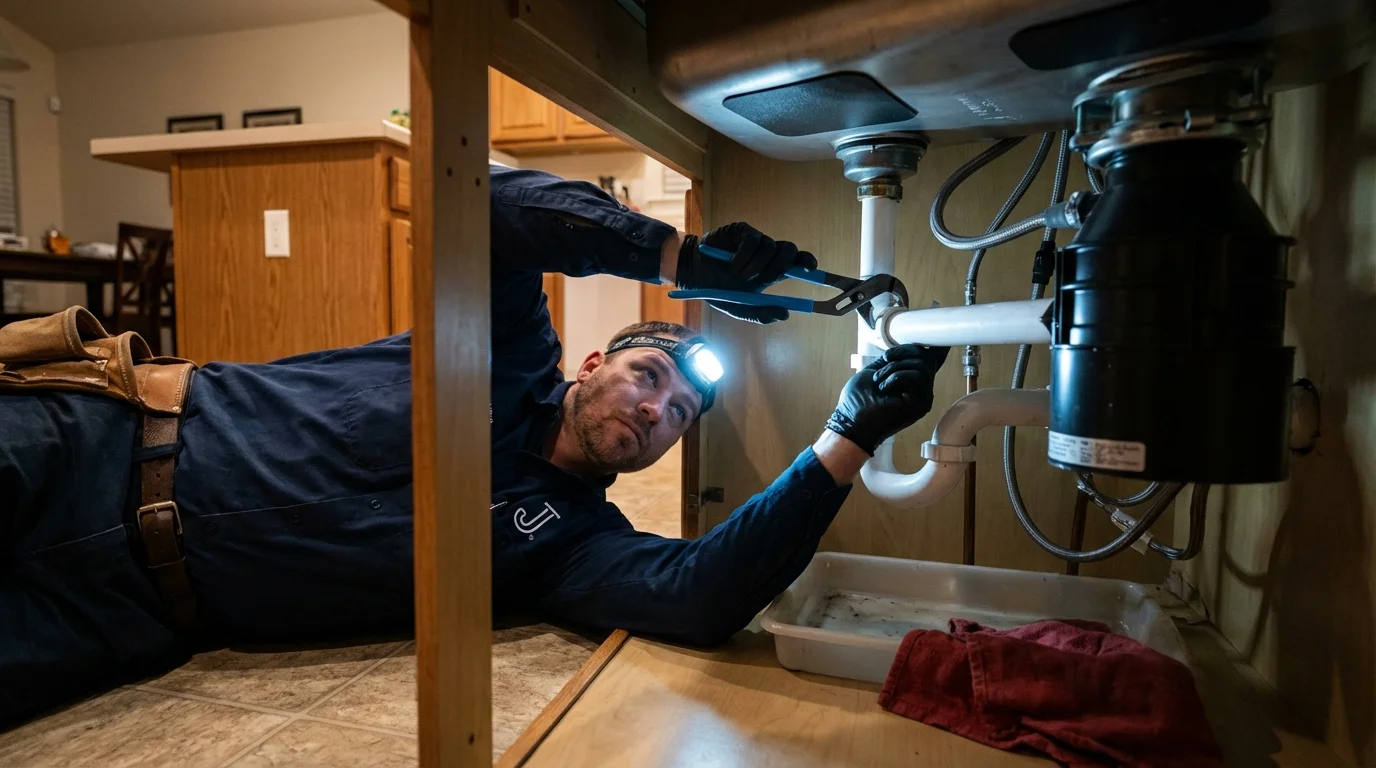 P-trap and supply line connections under a kitchen sink showing a common leak point in Rising Sun, MD